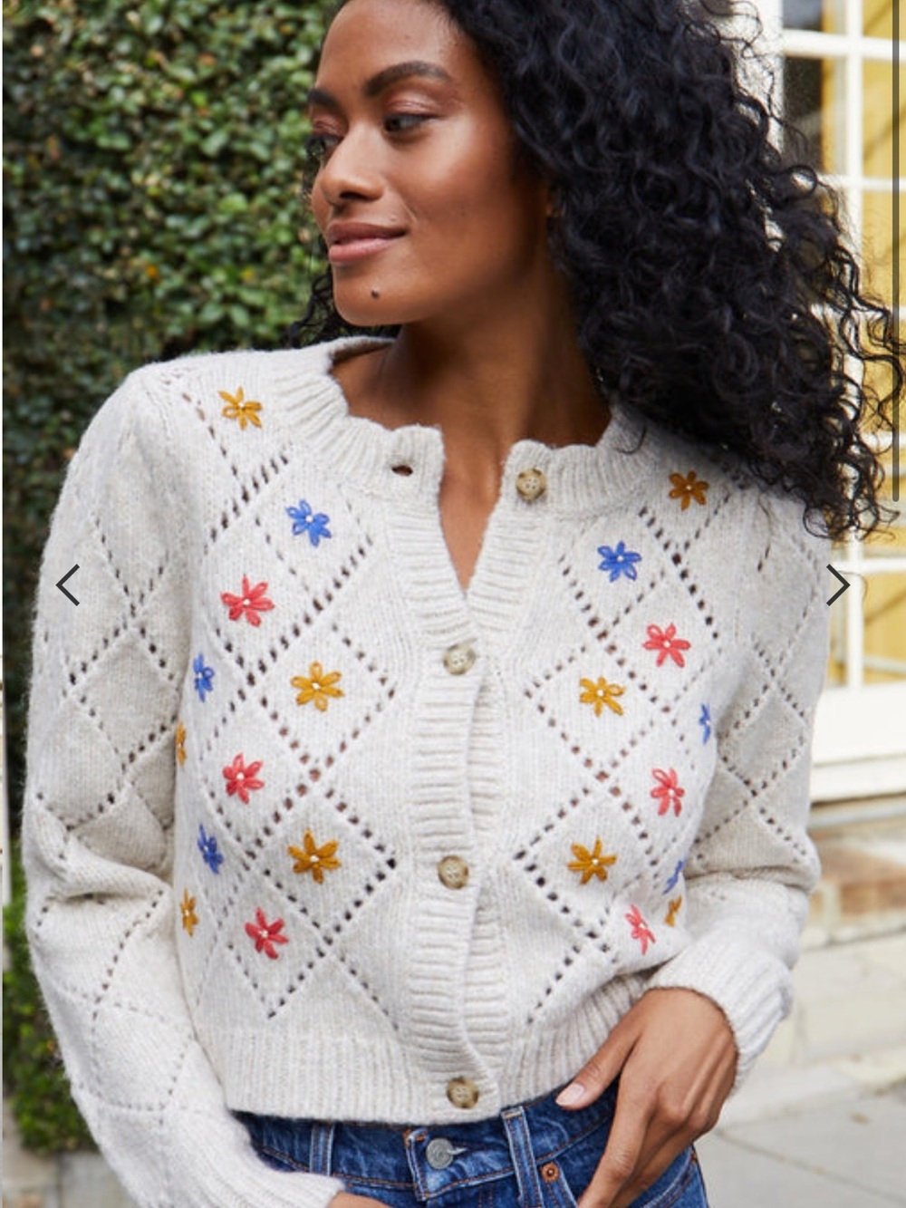 SAYLOR Cream Knit Cardigan with Multicolor Floral Embroidery